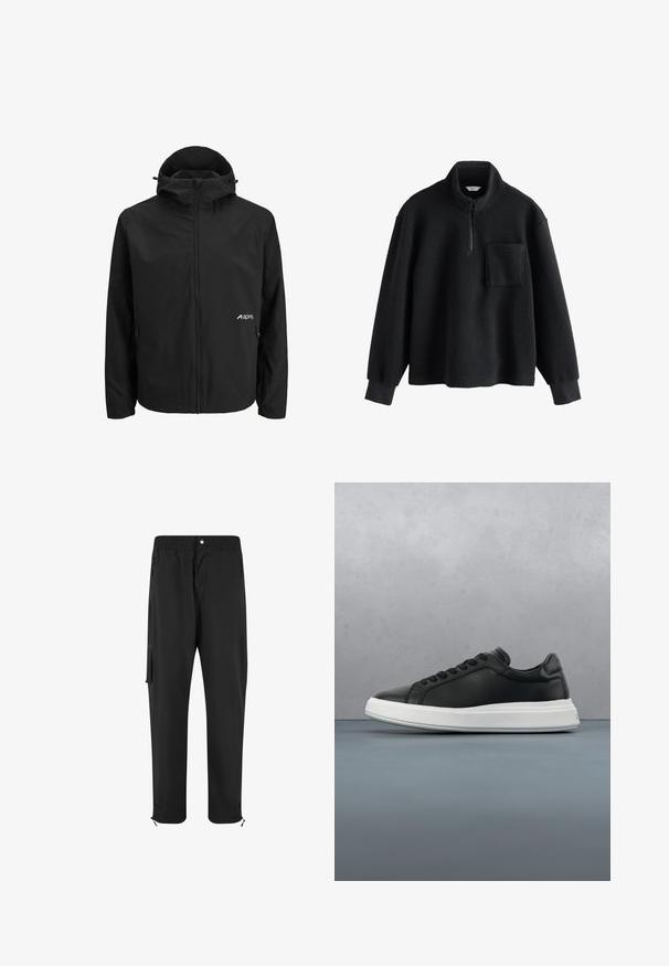 Schwarze wasserdichte Jacke mit Kapuze, Frontreißverschluss und zwei Seitentaschen. Verfügt über ein Logo auf der linken Seite. Glatte Textur.; Schwarzer Fleece-Pullover mit Viertelreißverschluss vorne, hohem Kragen, langen Ärmeln, gerippten Bündchen und einer Brusttasche.; Schwarze wasserdichte Hosen mit verstellbarem Bund durch einen Kordelzug, seitlichen Taschen und Reißverschlüssen an den Knöcheln für eine anpassbare Passform. Glattes, leichtes Material.; Schwarze Ledersneaker mit glatter Oberfläche, weißer Gummisohle, rundem Design, sechs Ösen für die Schnürsenkel und dezentem Branding an der Ferse.