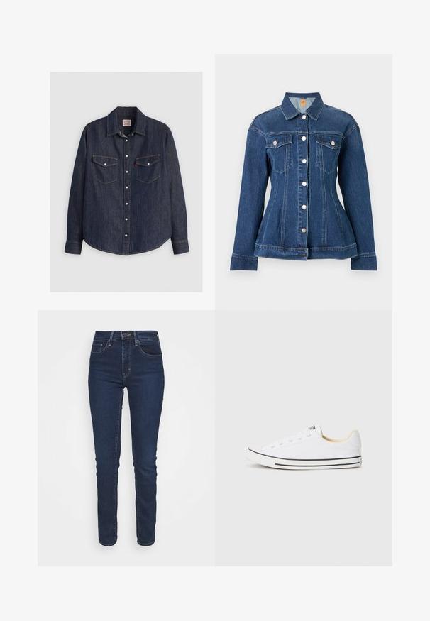 Mørkeblå denimjakke med sølvknapper, lange ærmer, to brystlommer og taljeret pasform, vist på en ensfarvet baggrund.; Mørkeblå denimskjorte med lange ærmer, knaplukning fortil, to brystlommer med klapper og kontrasterende gule sømme.; Mørkeblå denimjeans med slim fit, medium høj talje, forlommer og lynlåslukning. Stofoverfladen har en glat tekstur.; Hvide kanvas sneakers med lav profil, rund tå, sorte striber på sålen og seks huller til snørebånd. Struktureret stoffinish.