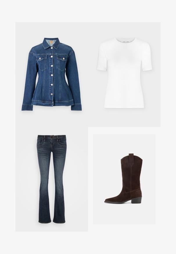 Donkerblauwe spijkerjasje met zilveren knoppen, lange mouwen, twee borstzakken en een getailleerde taille, getoond tegen een effen achtergrond.; Wit T-shirt met korte mouwen en een ronde hals, een slanke pasvorm en geribbelde stof, weergegeven op een effen lichtgrijze achtergrond.; Donkerblauwe uitlopende jeans met een middelhoge taille, vijf zakken en subtiele stiksels. Gemaakt van denim met een gladde textuur.; Donkerbruine suède Westernlaars halverwege de kuit met puntige neus, blokhak en trekkoord op een witte achtergrond.