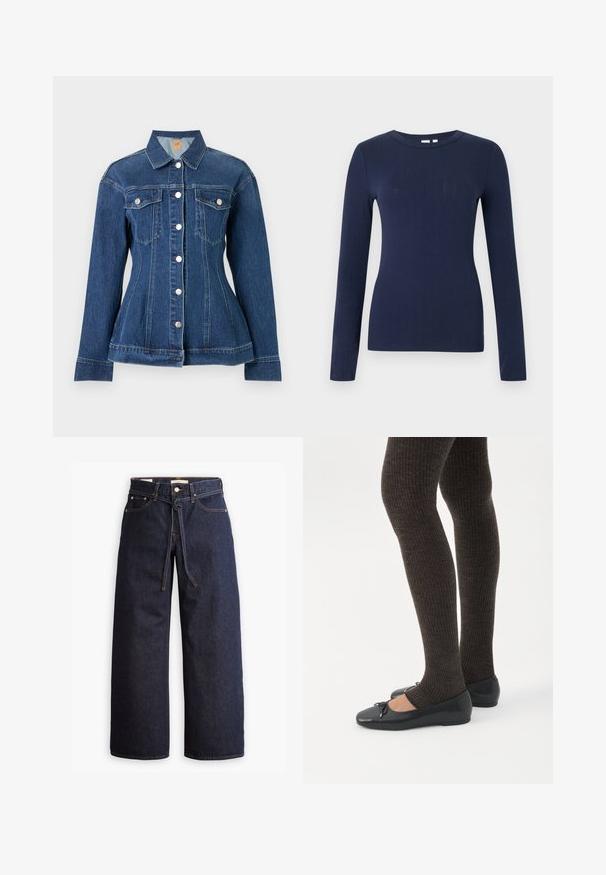 Donkerblauwe spijkerjasje met zilveren knoppen, lange mouwen, twee borstzakken en een getailleerde taille, getoond tegen een effen achtergrond.; Navyblauw geribbeld shirt met lange mouwen, een ronde halslijn, een getailleerde pasvorm en een naadloze zoom tegen een effen witte achtergrond.; Wijd pijpjes donkerblauwe denim jeans met een hoge taille, voorzien van een trekkoord, vijf zakken en contrasterende stiksels.; Benen met donkere geribbelde leggings gecombineerd met zwarte ballerina's met kleine strikdetails op een witte achtergrond.