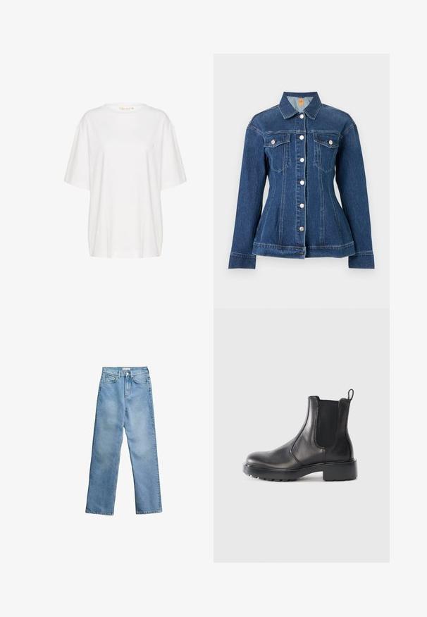 Chaqueta de mezclilla azul oscuro con botones plateados, mangas largas, dos bolsillos en el pecho y cintura ajustada, mostrada sobre un fondo liso.; Camiseta de manga corta blanca, confeccionada en algodón suave. Presenta un escote redondo y un discreto detalle de logo en el lado izquierdo del pecho. Diseño de corte recto.; Vaqueros azul claro de talle alto con pierna recta, botón y cremallera delanteros, trabillas para cinturón y diseño de cinco bolsillos sobre fondo blanco.; Botín Chelsea de cuero negro con paneles laterales elásticos, punta redondeada, suela de goma gruesa y una lengüeta en la parte posterior.