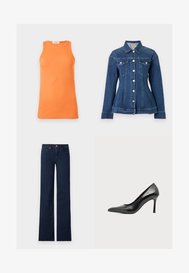 Veste en denim bleu foncé avec boutons argentés, manches longues, deux poches poitrine et taille cintrée, présentée sur un fond uni.; Débardeur côtelé orange sans manches avec un col rond et un petit logo près de l'ourlet, présenté sur un fond uni.; Jean en denim bleu foncé taille haute, jambes larges et droites, poches avant et détails de rivets en cuivre sur fond blanc.; Chaussure à talon haut pour femme en cuir verni noir avec bout pointu et talon fin sur fond clair uni.