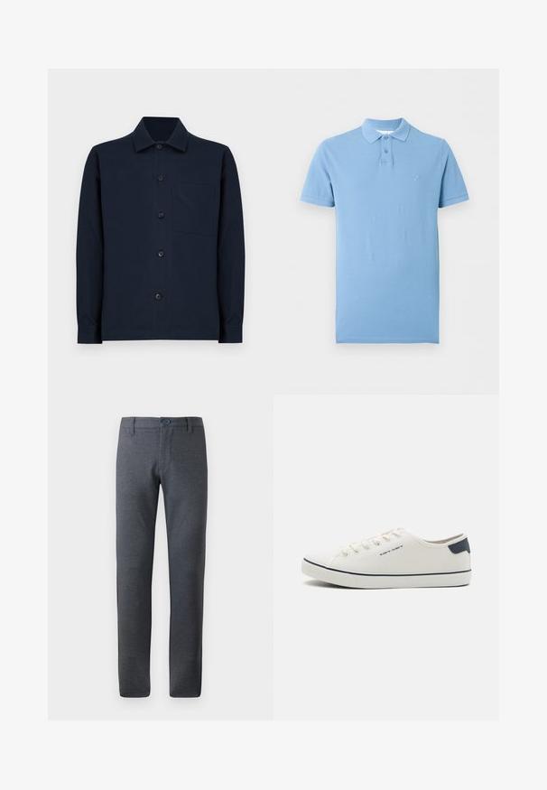 Langeærmet marineblå skjorte med knaplukning, klassisk krave og enkelt brystlomme, præsenteret mod en simpel hvid baggrund.; Lyseblå polo-shirt med korte ærmer, med to-knaps lukning og lille broderet logo på venstre bryst.; Grå, strukturerede bukser med lige pasform, der har bæltestropper i taljen, foran lommer og en enkelt knaplukning.; Canvas sneakers i off-white med navy accenter, med rund tå, snørrestruktur og struktureret gummisål. Enkel og ren æstetik.