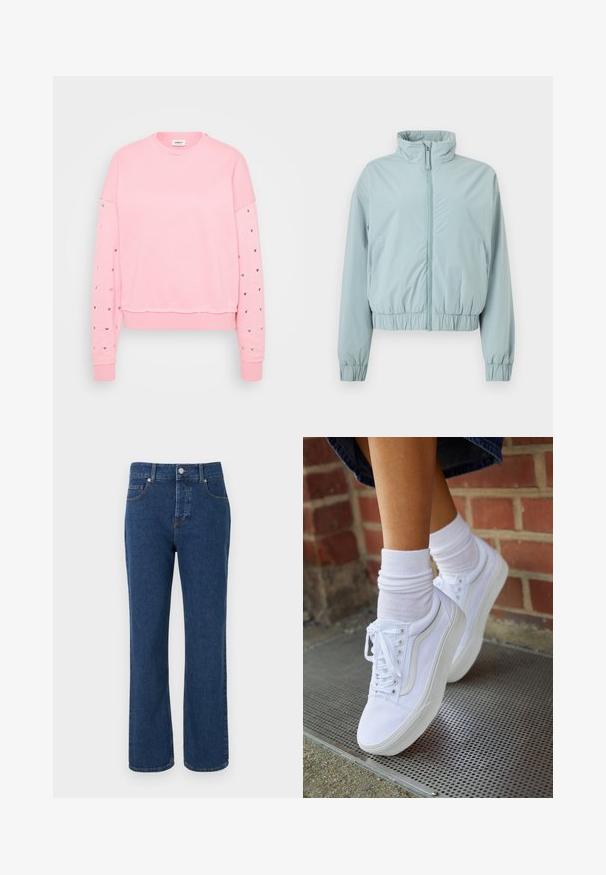 Hellblaue Reißverschlussjacke mit hohem Kragen, elastischen Bündchen und elastischem Bund, dargestellt vor weißem Hintergrund.; Rosa Sweatshirt mit Rundhalsausschnitt, cropped Design und langen Ärmeln, die mit silbernen Herzmotiven entlang der Ärmel versehen sind. Weiches Baumwollmaterial.; Blaue gerade geschnittene Jeans aus Denim mit fünf Taschen, Gürtelschlaufen, Knopfverschluss und sichtbaren Steppnähten.; Weiße Leinensneaker mit Gummisohlen, ausgestattet mit sechs Ösen, runder Zehenpartie und dezenten Nähten, kombiniert mit weißen Knöchelsocken.