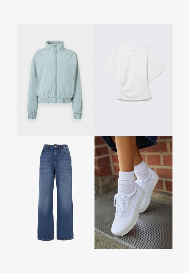 Hellblaue Reißverschlussjacke mit hohem Kragen, elastischen Bündchen und elastischem Bund, dargestellt vor weißem Hintergrund.; Weißes übergroßes T-Shirt mit kurzen Ärmeln und Rundhalsausschnitt, vorne leicht zerknittert, vor einem schlichten hellgrauen Hintergrund präsentiert.; Weite Jeans aus mittelgewichtiger blauer Baumwolle. Klassisches Fünf-Taschen-Design mit Reißverschluss und Knopfverschluss.; Weiße Leinensneaker mit Gummisohlen, ausgestattet mit sechs Ösen, runder Zehenpartie und dezenten Nähten, kombiniert mit weißen Knöchelsocken.