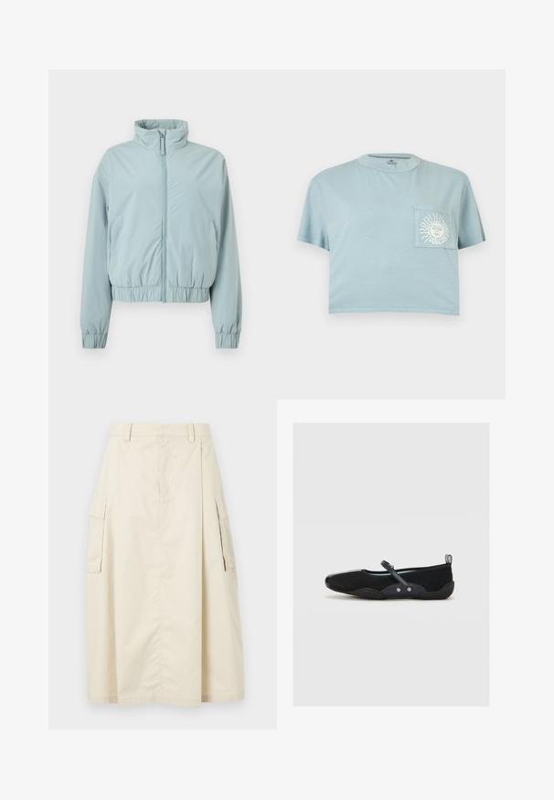 Lyseblå lynlåstrøje med høj krave, elastiske manchetter og elastisk taljevist på en hvid baggrund.; Lyseblå kort T-shirt med korte ærmer og en brystlomme med en hvid sol og ansigtsgrafik med teksten "VOLCOM".; Beige, knælængde nederdel lavet af bomuld. Har to sidelommer og en frontfold, med en elastisk talje og skjult lynlås.; Sorte mesh flade sko med rund tå, gummisål og justerbar rem. Har en glat marineblå accent og to dekorative knapper.