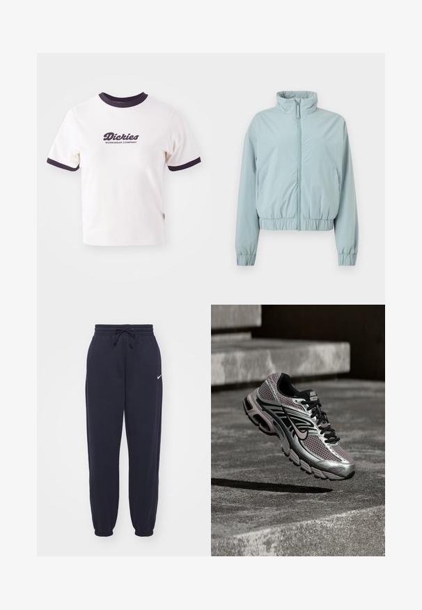 Lichtblauwe ritssluiting jas met hoge kraag, elastische manchetten en elastische tailleband, afgebeeld op een witte achtergrond.; Witte T-shirt met donkerblauwe geribbelde kraag en mouwen. Bevat een groot grafisch tekstlogo in donkerblauw, "Dickies WORKWEAR COMPANY."; Nike trainingsbroeken in marineblauw, gemaakt van zacht materiaal. Voorzien van een elastische tailleband met trekkoord en aangesloten enkels. Kleine witte logo-accent.; Nike Air Max hardloopschoen met zilver-, zwart- en paarse mesh, afgebeeld zwevend boven een betonnen oppervlak en traptreden.