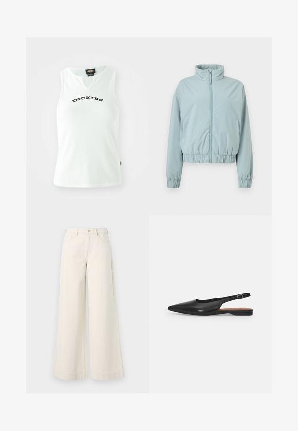 Veste bleu clair zippée avec col montant, poignets élastiques et taille élastique, présentée sur un fond blanc.; Débardeur blanc à côtes avec un design en V, affichant le mot "DICKIES" en lettres noires en gras sur la poitrine. Sans manches.; Pantalons en denim beige clair à jambes larges, taille haute, avec deux poches avant, fermeture à bouton et détails de couture subtils.; Chaussure slingback en cuir noir avec un bout pointu, un léger éclat et une bride de cheville réglable. Talon plat avec une semelle intérieure marron.