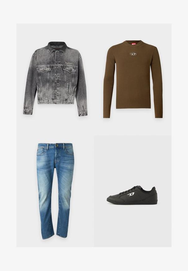 Denimjakke i vasket sort med et klassisk design, der har en læderkrave, to brystlommer og metal knapper. Blød tekstur.; Brun ribbet langærmet top med rund hals og et logopatch på brystet. Teksturen er glat og tætsiddende, lavet af strækbart materiale.; Blå, falmede straight-leg denim jeans med fem lommer, knaplukning og synlige sømdetaljer på forsiden.; Sorte syntetiske sneakers med en struktureret sort sål, rund tå og flade sorte snørebånd. Fremtrædende hvidt logo på ydersiden.