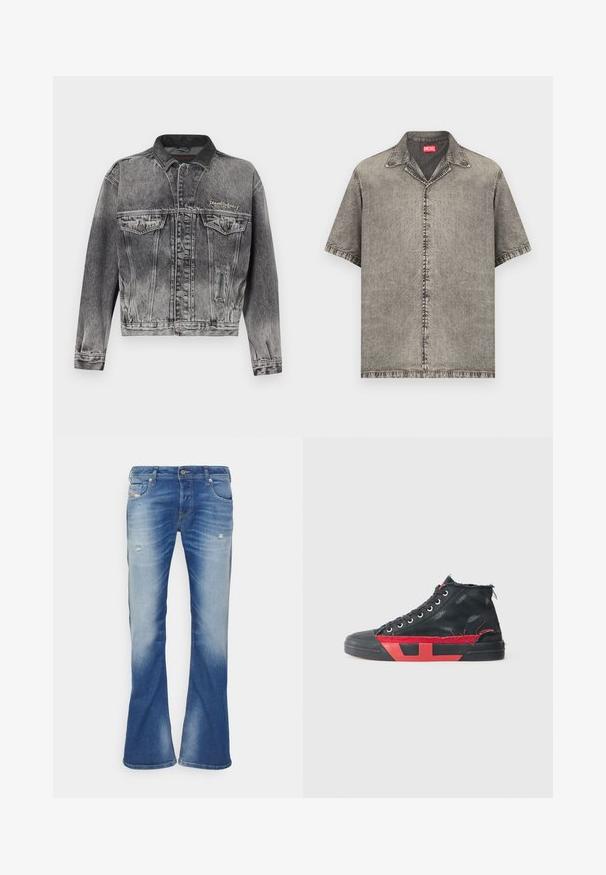 Jeansjacke in gewaschenem Schwarz mit klassischem Design, ausgestattet mit einem Lederkragen, zwei Brusttaschen und metallischen Knöpfen. Weiche Textur.; Kurzärmeliges, knöpfbares Hemd aus verblasstem grauem Denim mit Kragen und rotem Diesel-Brandlabel im Nackenbereich.; Blaue, ausgebleichte Bootcut-Jeans mit leichter Abnutzung an den Vorderseiten der Oberschenkel und klassischem Fünf-Taschen-Design auf weißem Hintergrund.; Schwarze High-Top-Sneaker mit roten Akzenten und einem abgenutzten Finish. Verfügt über ein strukturiertes Canvas-Obermaterial und eine Gummisohle mit Ausschnitt-Design.