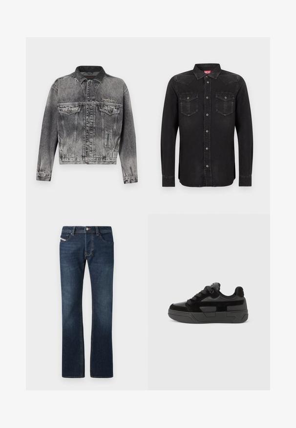 Spijkerjack in gewassen zwart met een klassiek ontwerp, voorzien van een leren kraag, twee borstzakken en metalen knopen. Zachte textuur.; Zwart denim shirt met lange mouwen, drukknoopsluiting, puntkraag en twee borstzakken. Heeft een lichte glans en contrasterende stiknaden.; Donkerblauwe denim jeans met een rechte pijp, vijf zakken en subtiele stiksels. Bevat een metalen knoop en ritssluiting.; Zwarte sneaker met een mix van gladde en gestructureerde materialen, voorzien van een afgeronde neus, dikke zool en vetersluiting. Minimalistisch ontwerp met accenten.