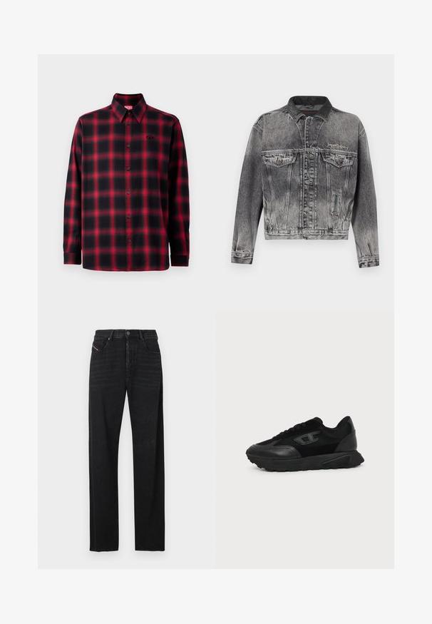 Veste en jean noire délavée avec un design classique, dotée d'un col en cuir, de deux poches poitrine et de boutons métalliques. Texture douce.; Chemise en flanelle à carreaux noire et rouge avec manches longues, fermeture à boutons, col pointu et un petit logo sur la poitrine gauche.; Jean en denim noir avec une coupe droite, des poches avant, et un détail de languette rouge sur la poche gauche. Le tissu présente une légère texture.; Baskets basses noires avec semelle texturée, dessus en mesh et cuir, fermeture à lacets devant, et petit logo embossé sur le panneau latéral.