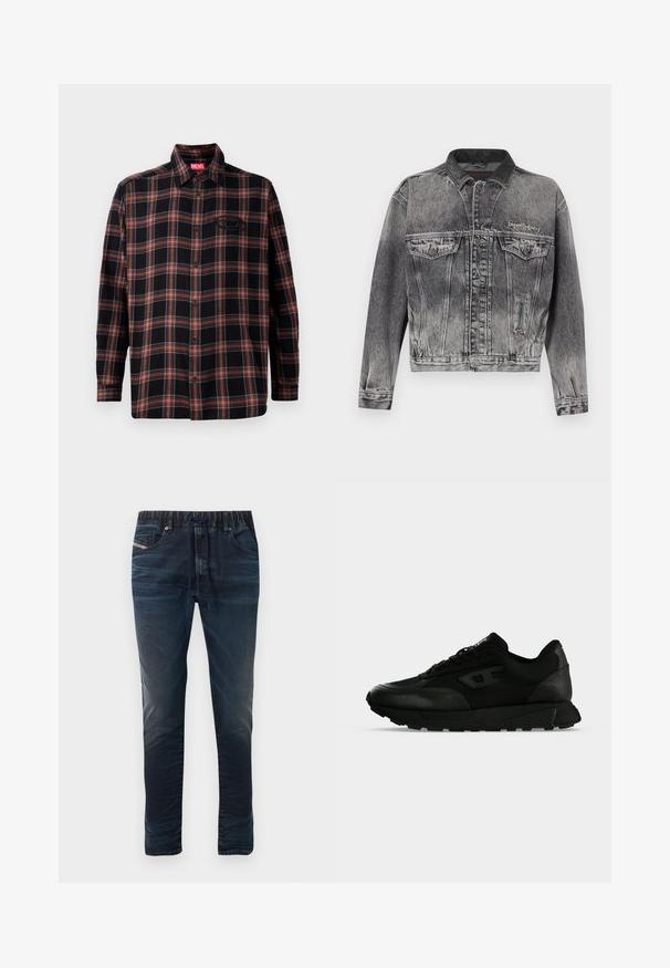 Veste en jean noire délavée avec un design classique, dotée d'un col en cuir, de deux poches poitrine et de boutons métalliques. Texture douce.; Chemise à carreaux noire et rouge avec un devant à boutons, des manches longues et une étiquette sur le col. Présente des coutures contrastées et une poche plaquée.; Jean en denim bleu foncé avec une taille élastique, une fermeture à cordon de serrage et cinq poches. Texture lisse avec un léger effet délavé.; Baskets basses noires avec cuir texturé et panneaux en tissu, fermeture lacets et semelle épaisse en caoutchouc sur un fond clair uni.