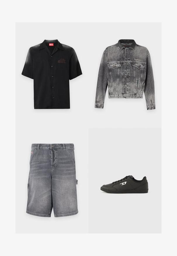 Chaqueta vaquera en negro lavado con un diseño clásico, que presenta un cuello de cuero, dos bolsillos en el pecho y botones metálicos. Textura suave.; Camisa negra de manga corta hecha de tejido suave con un cierre frontal de botones, que presenta un sutil logo en relieve en el lado izquierdo del pecho.; Pantalones cortos de mezclilla gris con corte recto, cinco bolsillos y detalles cosidos. Cuentan con cierre de botón y una presilla lateral para ajuste.; Zapatillas deportivas negras sintéticas con suela negra texturizada, puntera redonda y cordones planos negros. Destaca un logo blanco en el lateral exterior.