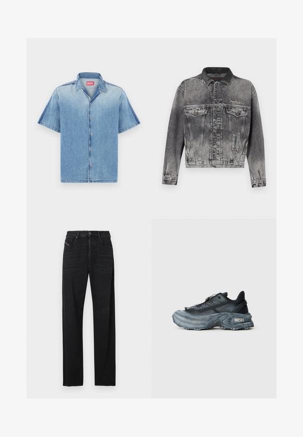 Veste en jean noire délavée avec un design classique, dotée d'un col en cuir, de deux poches poitrine et de boutons métalliques. Texture douce.; Chemise en jean à manches courtes bleu clair avec bords effilochés, boutons sur le devant et col pointu. Présente une étiquette de marque rouge au niveau du cou.; Jean en denim noir avec une coupe droite, des poches avant, et un détail de languette rouge sur la poche gauche. Le tissu présente une légère texture.; Baskets Diesel noires et grises avec semelle épaisse, système de laçage à bascule et design texturé sur fond gris clair uni.