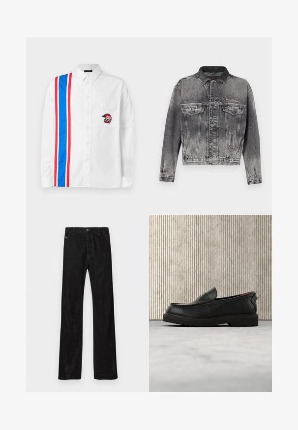 Denimjakke i vasket sort med et klassisk design, der har en læderkrave, to brystlommer og metal knapper. Blød tekstur.; Hvid skjorte med knapper, der har et blåt og rødt stribedesign på den ene side og et sort broderet hjelm-patch på brystlommen.; Sorte kordfløjlsbukser med et lige ben-design, der har lukning med knapper, diskret branding og to forlommer. Glat tekstur og ensfarvet.; Sort læderloafer med robust sål og rødt indvendigt for, placeret i luften over beige tæppe og nær træmøbler.
