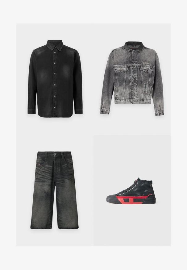 Jeansjacke in gewaschenem Schwarz mit klassischem Design, ausgestattet mit einem Lederkragen, zwei Brusttaschen und metallischen Knöpfen. Weiche Textur.; Schwarze Denim-Hemd mit Button-Down-Kragen, langen Ärmeln und einer vorderen Knopfleiste. Verfügt über dezente Verblassungen und eine taillierte Passform.; Schwarze Denim-Shorts mit weitem Bein, vorne mit Knöpfen, Reißverschluss, Gürtelschlaufen und verblassten Designdetails.; Schwarze High-Top-Sneaker mit roten Akzenten und einem abgenutzten Finish. Verfügt über ein strukturiertes Canvas-Obermaterial und eine Gummisohle mit Ausschnitt-Design.