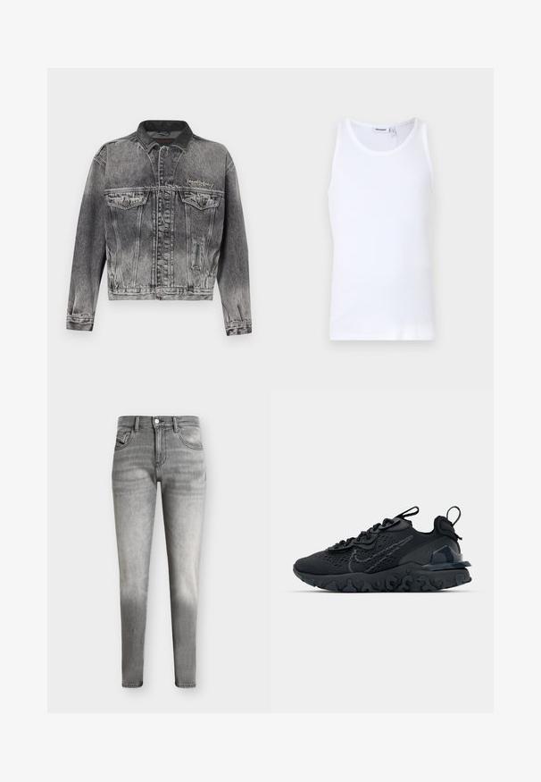 Veste en jean noire délavée avec un design classique, dotée d'un col en cuir, de deux poches poitrine et de boutons métalliques. Texture douce.; Débardeur en coton blanc avec un col rond et des bretelles larges. Texture lisse, sans motifs, design épuré et étiquette de marque au niveau du col.; Jean slim gris délavé avec un design à cinq poches et une fermeture par boutons, présenté sur un fond uni.; Chaussure de sport noire avec une tige en mesh respirant, des accents texturés et une semelle en caoutchouc ondulée. Comprend un logo réfléchissant et un système de laçage.