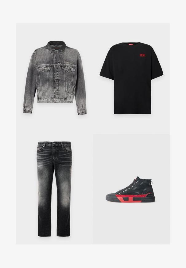 Chaqueta vaquera en negro lavado con un diseño clásico, que presenta un cuello de cuero, dos bolsillos en el pecho y botones metálicos. Textura suave.; Camiseta negra de algodón, con mangas cortas, cuello redondo y un logo rojo de "DIESEL" en la zona izquierda del pecho.; Jeans negros con acabado desgastado y toques rasgados, diseño estándar de cinco bolsillos y cierre con cremallera. Elaborados en tela de denim.; Zapatilla alta negra con detalles en rojo y un acabado envejecido. Presenta una parte superior de lona texturizada y una suela de goma con un diseño recortado.