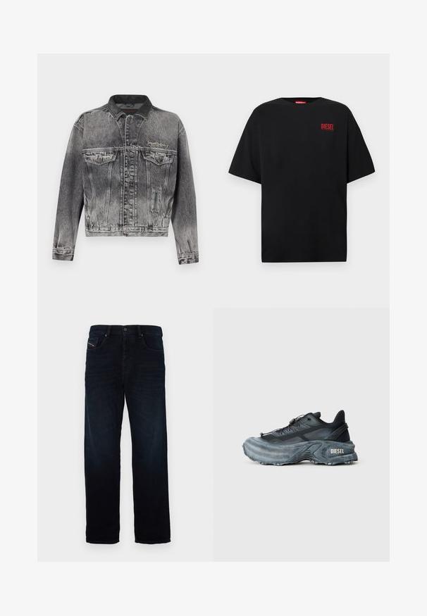 Veste en jean noire délavée avec un design classique, dotée d'un col en cuir, de deux poches poitrine et de boutons métalliques. Texture douce.; T-shirt noir en coton, avec des manches courtes, un col rond, et un logo rouge "DIESEL" sur le côté gauche de la poitrine.; Jean en denim bleu marine avec une coupe droite, dotés d'une poche avant et d'une fermeture à bouton. Le tissu a une texture lisse et un éclat subtil.; Baskets Diesel noires et grises avec semelle épaisse, système de laçage à bascule et design texturé sur fond gris clair uni.