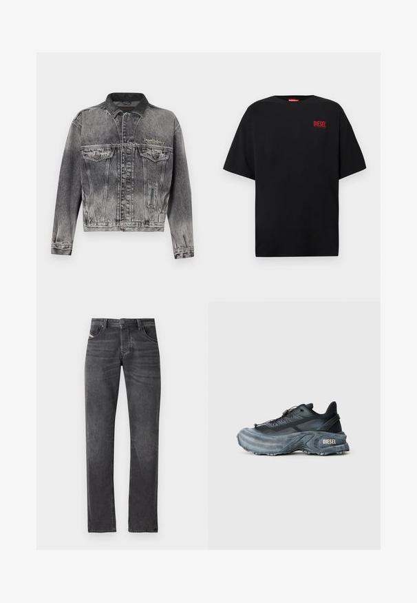 Veste en jean noire délavée avec un design classique, dotée d'un col en cuir, de deux poches poitrine et de boutons métalliques. Texture douce.; T-shirt noir en coton, avec des manches courtes, un col rond, et un logo rouge "DIESEL" sur le côté gauche de la poitrine.; Jean en denim gris foncé avec coupe droite, cinq poches, fermeture à bouton en métal et un léger effilochage sur la surface du tissu.; Baskets Diesel noires et grises avec semelle épaisse, système de laçage à bascule et design texturé sur fond gris clair uni.