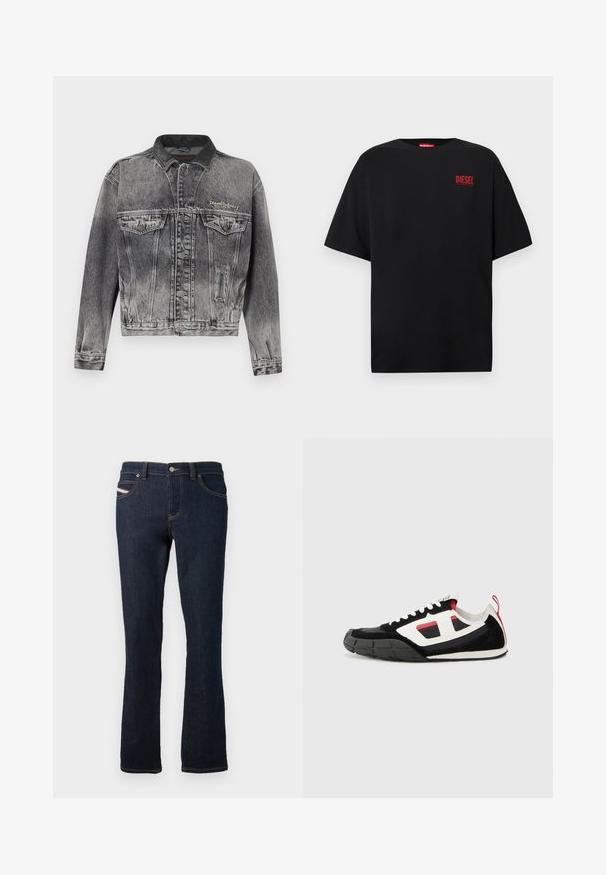 Veste en jean noire délavée avec un design classique, dotée d'un col en cuir, de deux poches poitrine et de boutons métalliques. Texture douce.; T-shirt noir en coton, avec des manches courtes, un col rond, et un logo rouge "DIESEL" sur le côté gauche de la poitrine.; Jean en denim bleu marine à coupe droite, avec des coutures orange, une fermeture à bouton en métal et un petit logo sur la poche arrière.; Diesel S PAGODHA LOW - Baskets basses - black