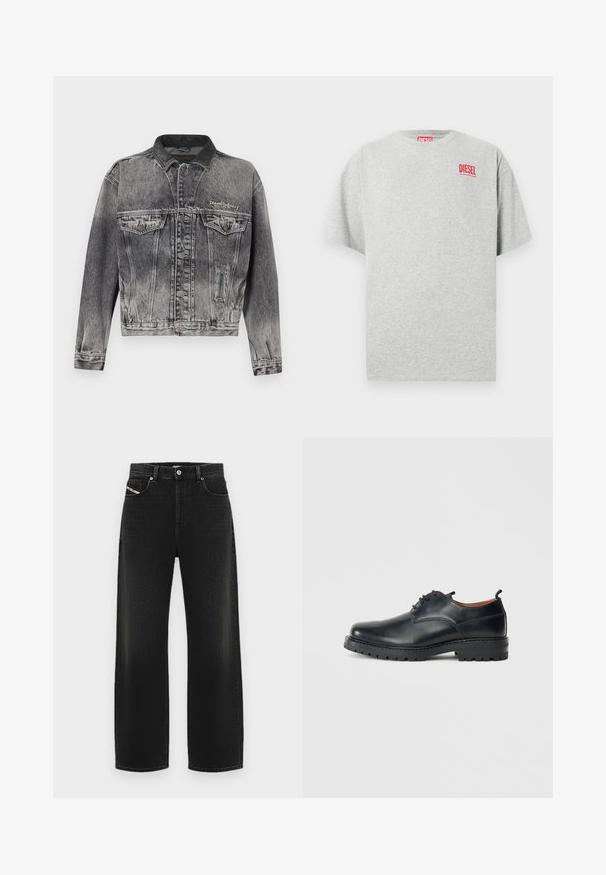 Veste en jean noire délavée avec un design classique, dotée d'un col en cuir, de deux poches poitrine et de boutons métalliques. Texture douce.; T-shirt en coton gris avec un col rond et des manches courtes. Présente un petit logo rouge « DIESEL » sur la poitrine. Texture lisse.; Jean noir à jambe large en denim, avec une taille haute, des poches avant et une texture légèrement délavée, doté d'une fermeture à bouton classique.; Chaussures derby en cuir noir avec une texture lisse, bout rond, design à lacets et une semelle en caoutchouc épaisse et robuste.