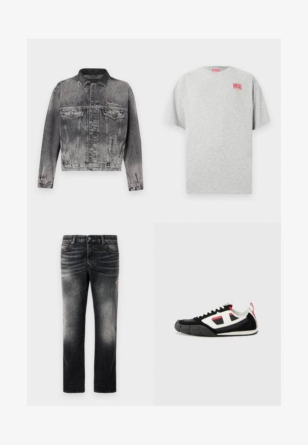 Chaqueta vaquera en negro lavado con un diseño clásico, que presenta un cuello de cuero, dos bolsillos en el pecho y botones metálicos. Textura suave.; Camiseta de algodón gris con cuello redondo y mangas cortas. Presenta un pequeño logo rojo "DIESEL" en el pecho. Textura suave.; Jeans negros con acabado desgastado y toques rasgados, diseño estándar de cinco bolsillos y cierre con cremallera. Elaborados en tela de denim.; Diesel S PAGODHA LOW - Zapatillas - black