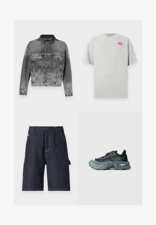 Veste en jean noire délavée avec un design classique, dotée d'un col en cuir, de deux poches poitrine et de boutons métalliques. Texture douce.; T-shirt en coton gris avec un col rond et des manches courtes. Présente un petit logo rouge « DIESEL » sur la poitrine. Texture lisse.; Shorts en denim bleu foncé avec une coupe droite, cinq poches, des détails de couture jaune et une poche latérale pour une fonctionnalité supplémentaire.; Baskets Diesel noires et grises avec semelle épaisse, système de laçage à bascule et design texturé sur fond gris clair uni.