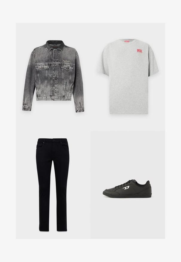 Jeansjacke in gewaschenem Schwarz mit klassischem Design, ausgestattet mit einem Lederkragen, zwei Brusttaschen und metallischen Knöpfen. Weiche Textur.; Graues Baumwoll-T-Shirt mit rundem Ausschnitt und kurzen Ärmeln. Mit einem kleinen roten "DIESEL"-Logo auf der Brust. Glatte Textur.; Schwarze Slim-Fit-Jeans mit Vorder- und Rückentaschen, Gürtelschlaufen und Knopfverschluss, auf einem weißen Hintergrund präsentiert.; Schwarze Sneakers aus synthetischem Material mit einer strukturierten schwarzen Sohle, rundem Zehenbereich und flachen schwarzen Schnürsenkeln. Auffälliges weißes Logo auf der Außenseite.