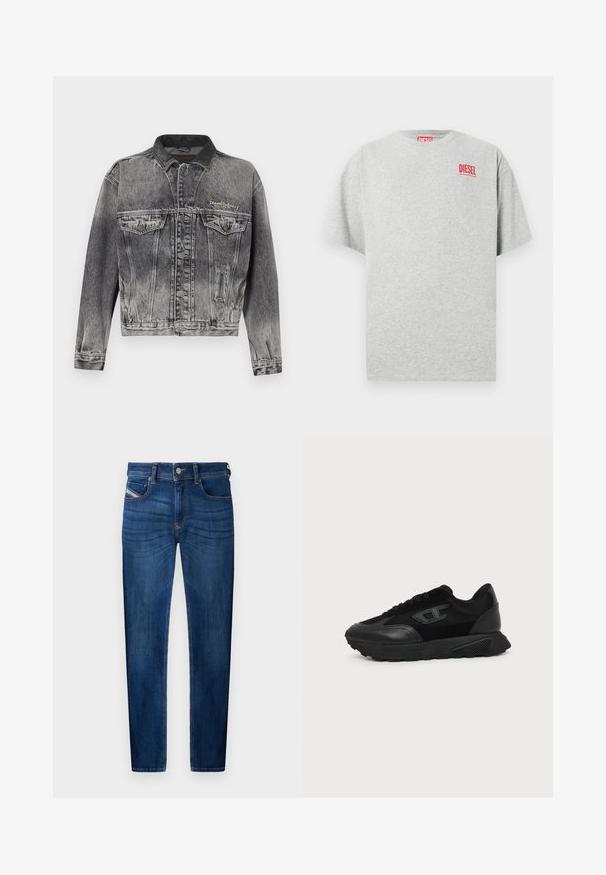 Denimjakke i vasket sort med et klassisk design, der har en læderkrave, to brystlommer og metal knapper. Blød tekstur.; Grå bomuld t-shirt med rund hals og korte ærmer. Har et lille rødt "DIESEL" logo på brystet. Glat tekstur.; Mørkeblå denim jeans med lige ben, fem-lomme design, synlige syninge detaljer og metal knaplukning.; Sort lavt snøresko med struktureret sål, mesh- og læderoverdel, snørebånd foran og et lille præget logo på sidepanelet.