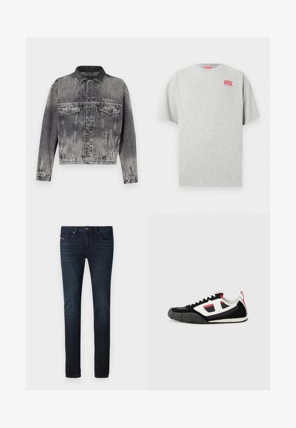 Denimjakke i vasket sort med et klassisk design, der har en læderkrave, to brystlommer og metal knapper. Blød tekstur.; Grå bomuld t-shirt med rund hals og korte ærmer. Har et lille rødt "DIESEL" logo på brystet. Glat tekstur.; Mørkeblå slim-fit jeans med let falmning på lårene, forlommer, bæltestropper og knaplukning i taljen.; Diesel S PAGODHA LOW - Sneakers - black