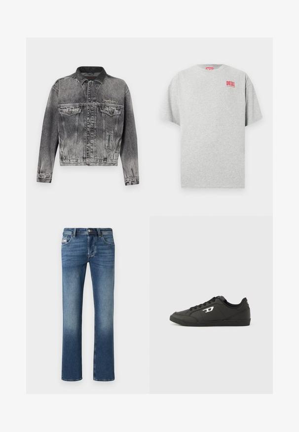 Veste en jean noire délavée avec un design classique, dotée d'un col en cuir, de deux poches poitrine et de boutons métalliques. Texture douce.; T-shirt en coton gris avec un col rond et des manches courtes. Présente un petit logo rouge « DIESEL » sur la poitrine. Texture lisse.; Jeans en denim bleu pour homme, coupe droite, avec des détails décolorés, fermeture à bouton et zip à l'avant, et design à cinq poches.; Baskets synthétiques noires avec une semelle noire texturée, un bout rond et des lacets plats noirs. Logo blanc remarquablement placé sur le côté extérieur.