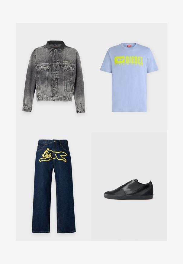 Spijkerjack in gewassen zwart met een klassiek ontwerp, voorzien van een leren kraag, twee borstzakken en metalen knopen. Zachte textuur.; Lichtblauw T-shirt met korte mouwen en ronde hals met geel Diesel-logo en tekst over de borst.; Donkerblauwe spijkerbroek met een grote gele afbeelding van een springend karakter op de achterzak. Rechte pijpen met standaard stiksels.; Zwarte sneakers met een gestroomlijnd ontwerp, gemaakt van glad leer en suède accenten. Heeft hoekige panelen en een ronde neus. Rubberzool.