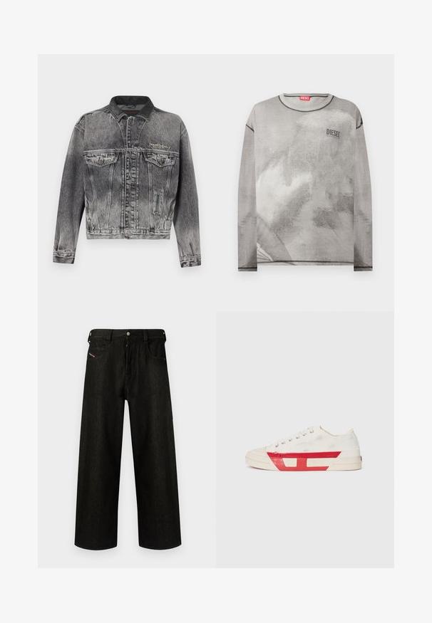 Veste en jean noire délavée avec un design classique, dotée d'un col en cuir, de deux poches poitrine et de boutons métalliques. Texture douce.; Sweat-shirt Diesel gris clair à manches longues avec un imprimé abstrait subtil et des détails de surpiqûres noires contrastantes au niveau de l'encolure, des poignets et de l'ourlet.; Jean noir à jambes larges en denim, présentant une fermeture éclair, cinq poches et un branding discret sur la poche avant. Tissu durable et texturé.; Baskets en toile avec un dessus blanc, des accents en caoutchouc rouge et un design texturé. Elles présentent une tête arrondie et cinq œillets pour les lacets.
