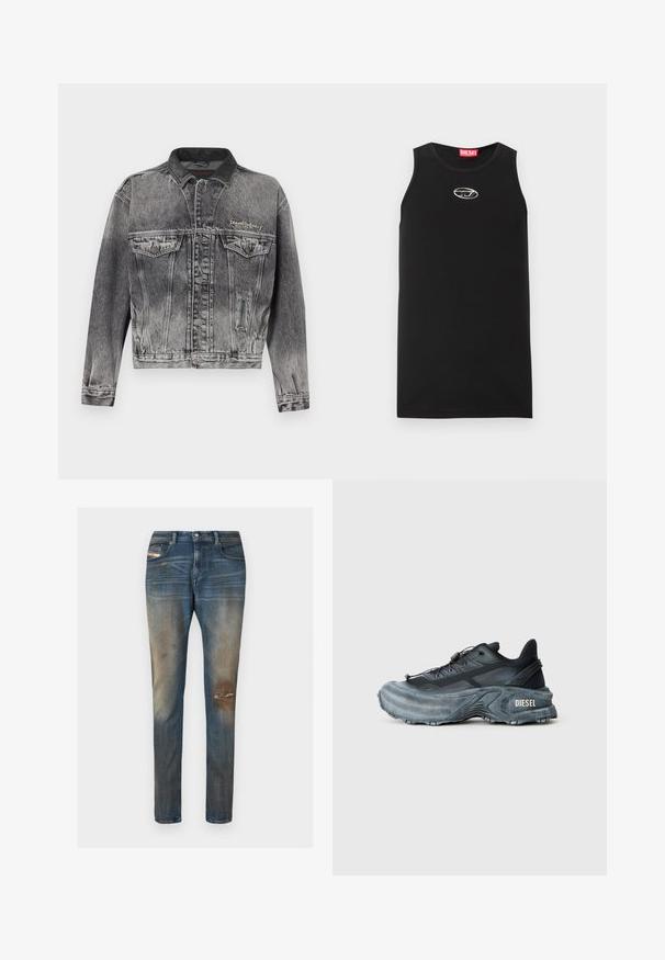 Veste en jean noire délavée avec un design classique, dotée d'un col en cuir, de deux poches poitrine et de boutons métalliques. Texture douce.; Débardeur noir sans manches en coton. Présente un col rond et un petit logo Diesel blanc sur la poitrine. Texture lisse.; Jean en denim bleu à coupe slim, avec un léger délavage, des zones usées, et un design classique à cinq poches incluant une petite étiquette logo.; Baskets Diesel noires et grises avec semelle épaisse, système de laçage à bascule et design texturé sur fond gris clair uni.