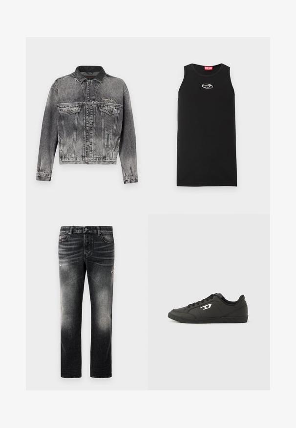 Spijkerjack in gewassen zwart met een klassiek ontwerp, voorzien van een leren kraag, twee borstzakken en metalen knopen. Zachte textuur.; Zwarte mouwloze tanktop van katoen. Heeft een ronde halslijn en een klein wit Diesel-logo op de borst. Gladde textuur.; Zwarte jeans met een vervaagde afwerking en versleten accenten, standaard vijf-pocket ontwerp en een ritssluiting. Gemaakt van denimstof.; Zwarte sneakers van synthetisch materiaal met een geribbelde zwarte zool, ronde neus en vlakke zwarte veters. Opvallend wit logomerk aan de buitenzijde.