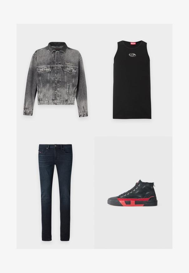 Jeansjacke in gewaschenem Schwarz mit klassischem Design, ausgestattet mit einem Lederkragen, zwei Brusttaschen und metallischen Knöpfen. Weiche Textur.; Schwarzes ärmelloses Tanktop aus Baumwolle. Verfügt über einen runden Halsausschnitt und ein kleines weißes Diesel-Logo auf der Brust. Glatte Textur.; Dunkelblaue Slim-Fit-Jeans mit leichtem Verblassen an den Oberschenkeln, Fronttaschen, Gürtelschlaufen und Knopfverschluss an der Taille.; Schwarze High-Top-Sneaker mit roten Akzenten und einem abgenutzten Finish. Verfügt über ein strukturiertes Canvas-Obermaterial und eine Gummisohle mit Ausschnitt-Design.