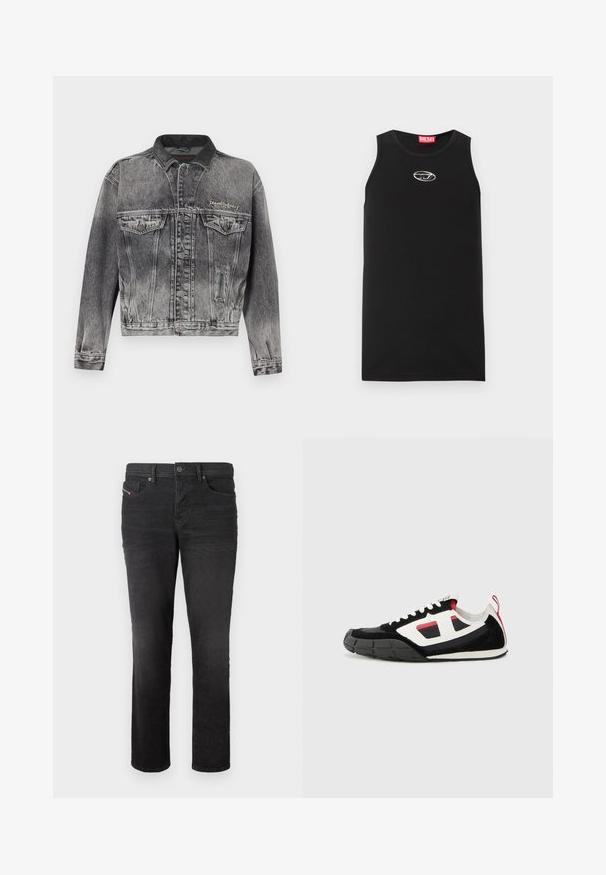 Jeansjacke in gewaschenem Schwarz mit klassischem Design, ausgestattet mit einem Lederkragen, zwei Brusttaschen und metallischen Knöpfen. Weiche Textur.; Schwarzes ärmelloses Tanktop aus Baumwolle. Verfügt über einen runden Halsausschnitt und ein kleines weißes Diesel-Logo auf der Brust. Glatte Textur.; Schwarze Denim-Jeans mit geradem Bein, ausgestattet mit fünf Taschen, einem Knopfverschluss und subtilen Nähdetails auf der Vorderseite.; Diesel S PAGODHA LOW - Sneaker low - black