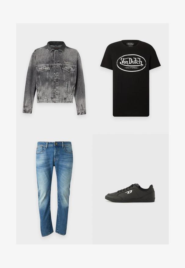Jeansjacke in gewaschenem Schwarz mit klassischem Design, ausgestattet mit einem Lederkragen, zwei Brusttaschen und metallischen Knöpfen. Weiche Textur.; Schwarzes T-Shirt mit kurzen Ärmeln und weißem "Von Dutch California" Logo in einem Oval auf der Brust, Rundhalsausschnitt.; Blaue ausgewaschene gerade Jeans mit fünf Taschen, Knopfverschluss und sichtbaren Nahtdetails auf der Vorderseite.; Schwarze Sneakers aus synthetischem Material mit einer strukturierten schwarzen Sohle, rundem Zehenbereich und flachen schwarzen Schnürsenkeln. Auffälliges weißes Logo auf der Außenseite.