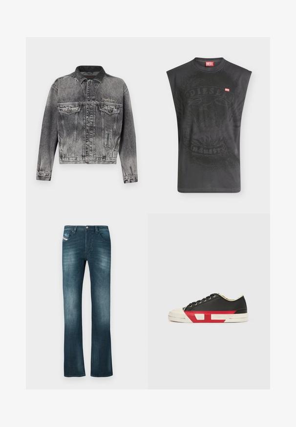 Veste en jean noire délavée avec un design classique, dotée d'un col en cuir, de deux poches poitrine et de boutons métalliques. Texture douce.; T-shirt noir sans manches Diesel avec un graphisme subtil d'aigle et un petit patch logo Diesel rouge sur la poitrine.; Jeans en denim bleu foncé avec une légère décoloration, coupe droite, deux poches avant et une petite étiquette de marque sur la poche droite.; Baskets en toile noire avec des accents rouges, un bout en caoutchouc et une semelle blanche. Elles présentent des lacets noirs et un design texturé sur le côté.