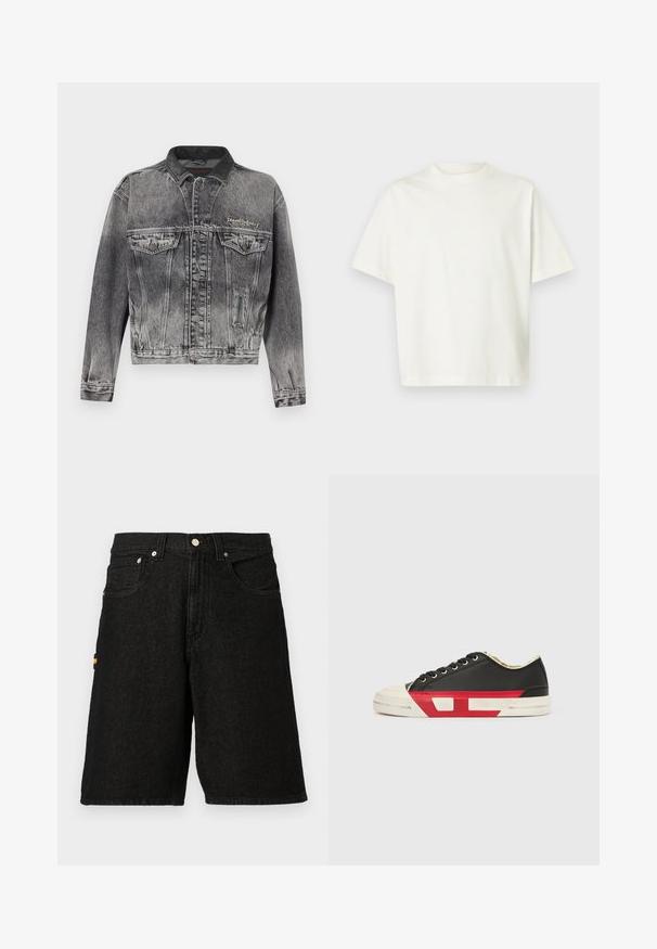 Denimjakke i vasket sort med et klassisk design, der har en læderkrave, to brystlommer og metal knapper. Blød tekstur.; Kortærmet, ensfarvet hvid t-shirt med løs pasform og rund halsudskæring, vist på en lysegrå baggrund.; Sorte denimshorts med et klassisk fem-lomme design, sølvhardware og en diskret orange detalje på sidelommen.; Sort lærredssneaker med røde accenter, gummiklædt tåkap og hvid sål. Har sorte snørebånd og et tekstureret mønster på siden.