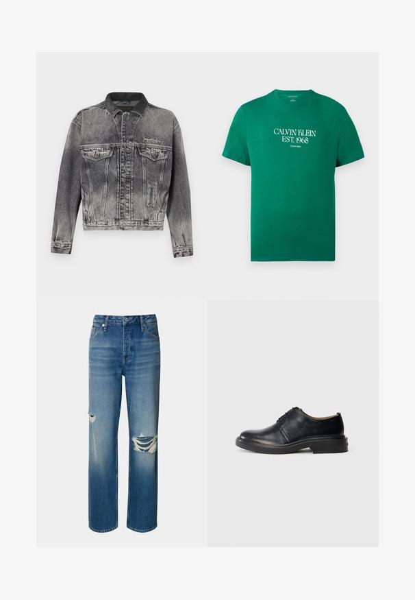 Spijkerjack in gewassen zwart met een klassiek ontwerp, voorzien van een leren kraag, twee borstzakken en metalen knopen. Zachte textuur.; Groen T-shirt met korte mouwen en ronde hals, met "CALVIN KLEIN EST. 1968" in het wit op de borst gedrukt.; Lichtblauwe denim jeans met een hoge taille, rechte pijpen en versleten scheuren op beide knieën. Voorzien van het klassieke vijf-pocket ontwerp en een knoopsluiting.; Zwarte leren oxford-schoen met ronde neus, vetersluiting aan de voorkant en een lage gestapelde hak op een effen lichte achtergrond.