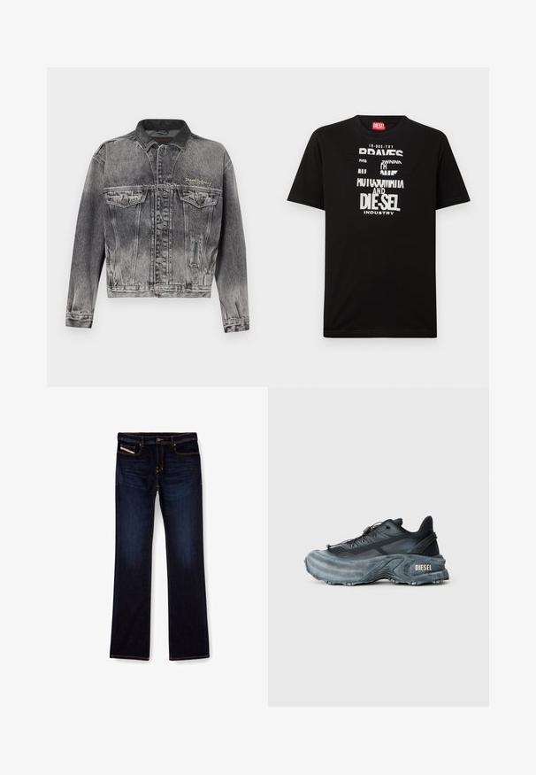 Jeansjacke in gewaschenem Schwarz mit klassischem Design, ausgestattet mit einem Lederkragen, zwei Brusttaschen und metallischen Knöpfen. Weiche Textur.; Schwarzes Baumwoll-T-Shirt mit kräftigen weißen Textgrafiken, darunter "DIESEL" und "INDUSTRY", mit rundem Halsausschnitt und kurzen Ärmeln.; Dunkelblaue Jeans aus Denim mit geradem Bein, ausgestattet mit orangefarbenen Nähten, einem Reißverschluss und Vordertaschen. Glatte Textur und Standardbund.; Schwarz- und graue Diesel-Sneaker mit dicker Sohle, Schnürverschluss und strukturiertem Design auf einem schlichten hellgrauen Hintergrund.