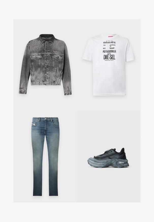 Chaqueta vaquera en negro lavado con un diseño clásico, que presenta un cuello de cuero, dos bolsillos en el pecho y botones metálicos. Textura suave.; Camiseta blanca de algodón con tipografía negra audaz que muestra las palabras "BRAVES" y "DIE-SEL INDUSTRY" y un diseño de recorte semitransparente.; Jeans ajustados en un lavado azul desgastado, con un diseño de cinco bolsillos, cierre de botón metálico y costuras en contraste. Textura ligeramente desgastada.; Zapatilla Diesel en negro y gris con suela gruesa, cierre de cordón y diseño texturizado sobre un fondo liso de color gris claro.