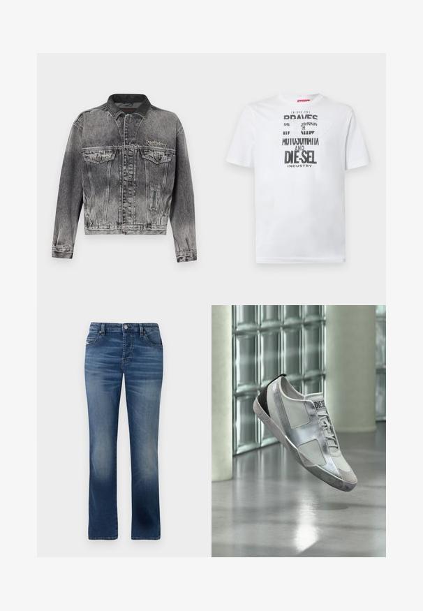 Jeansjacke in gewaschenem Schwarz mit klassischem Design, ausgestattet mit einem Lederkragen, zwei Brusttaschen und metallischen Knöpfen. Weiche Textur.; Weißes Baumwoll-T-Shirt mit fetter schwarzer Typografie und den Worten "BRAVES" und "DIE-SEL INDUSTRY" sowie einem halbtransparenten Cutout-Design.; Dunkelblaue Jeans aus Denim mit geradem Bein, ausgestattet mit Fronttaschen, dezentem Verblassen und einem klassischen Knopfverschluss an der Taille.; Weißer und silberner Sneaker der Marke Diesel, der über einem reflektierenden Boden mit Glassteinwand und Säulen im Hintergrund schwebt.