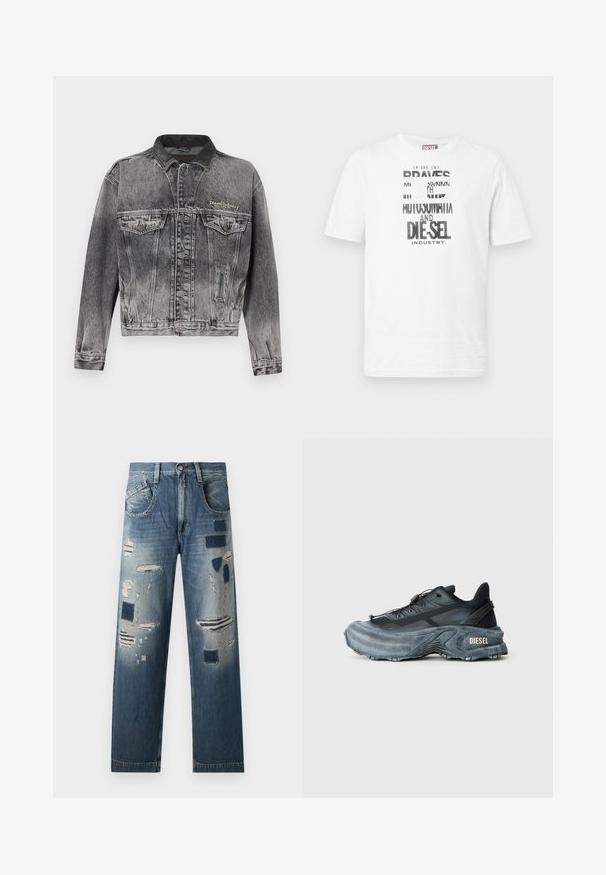 Jeansjacke in gewaschenem Schwarz mit klassischem Design, ausgestattet mit einem Lederkragen, zwei Brusttaschen und metallischen Knöpfen. Weiche Textur.; Weißes Diesel T-Shirt mit kurzen Ärmeln, schwarzem und weißem grafischem Text und Logo auf der Vorderseite, rundem Ausschnitt und rotem Logoschild an der Seitennaht.; Jeans aus Denim mit abgenutzten Flicken und verschiedenen Blautönen, im geraden Schnitt und mit klassischem Fünf-Taschen-Design.; Schwarz- und graue Diesel-Sneaker mit dicker Sohle, Schnürverschluss und strukturiertem Design auf einem schlichten hellgrauen Hintergrund.