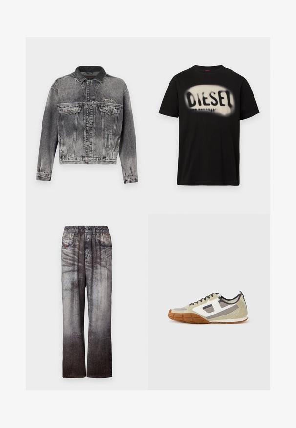 Jeansjacke in gewaschenem Schwarz mit klassischem Design, ausgestattet mit einem Lederkragen, zwei Brusttaschen und metallischen Knöpfen. Weiche Textur.; Schwarzes Baumwoll-T-Shirt mit einem großen, verschwommenen weißen Logo und dem Schriftzug "DIESEL" auf der Vorderseite. Kurzärmlig, mit rundem Halsausschnitt.; Jeans mit einem verblassten Blau-zu-Grau-Gradient, elastischem Bund und seitlichen Taschen. Sie besitzen eine strukturierte Oberfläche mit subtilem Nähen.; Athletische Sneakers mit einem beigen Obermaterial, grauen und weißen Akzenten, strukturiertem Wildleder und einer gemusterten Gummisohle. Braune Schnürsenkel und eine Zuglasche sind enthalten.