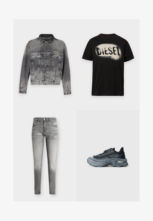 Veste en jean noire délavée avec un design classique, dotée d'un col en cuir, de deux poches poitrine et de boutons métalliques. Texture douce.; T-shirt en coton noir avec un grand logo blanc flou portant le mot "DIESEL" sur le devant. Manches courtes, col rond.; Jean slim gris délavé avec un design à cinq poches et une fermeture par boutons, présenté sur un fond uni.; Baskets Diesel noires et grises avec semelle épaisse, système de laçage à bascule et design texturé sur fond gris clair uni.