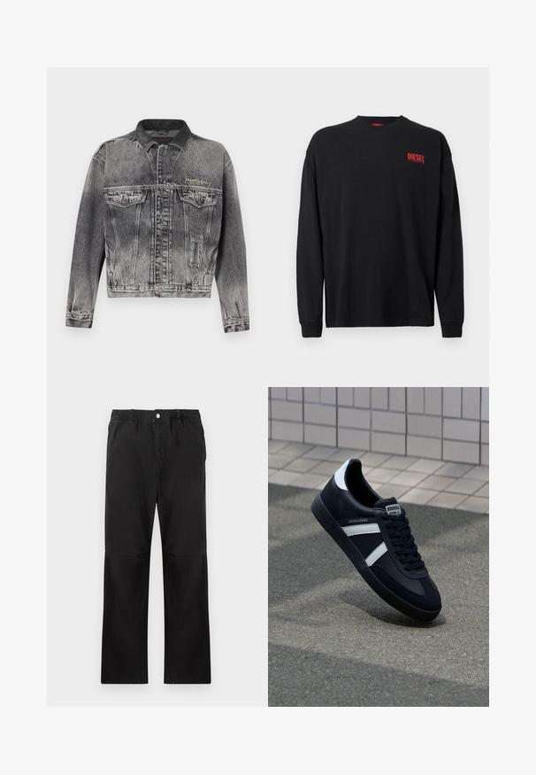 Jeansjacke in gewaschenem Schwarz mit klassischem Design, ausgestattet mit einem Lederkragen, zwei Brusttaschen und metallischen Knöpfen. Weiche Textur.; Schwarzes langärmliges T-Shirt aus Baumwolle mit Rundhalsausschnitt. Verfügt über ein kleines rotes "DIESEL"-Logo auf der linken Brust. Reguläre Passform.; Schwarze Baumwollhosen mit einem elastischen Bund, gerade geschnitten, mit glatter Textur und ohne sichtbare Akzente oder Muster.; Schwarze Leder-Sneaker mit weißen Streifen, strukturiertem Gummisohle und Schnürung. Verfügt über ein Markenetikett auf der Zunge.